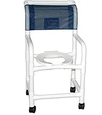 Shower chair 18" internal width, 3" twin casters, with deluxe elongated open front soft seat gray, cushioned padded back gray, 10 qt slide out commode pail 300 lbs wt cap