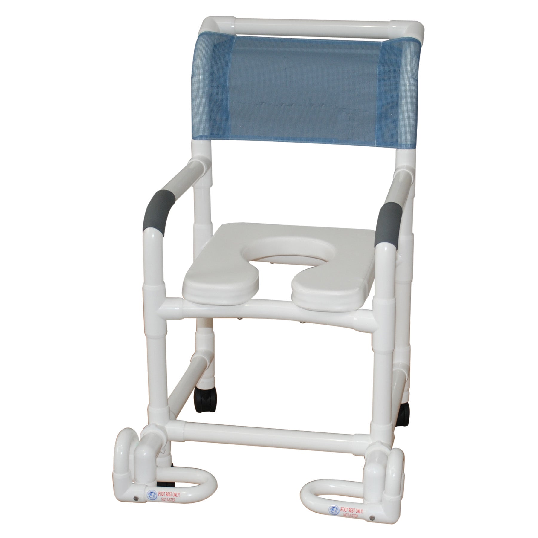 Shower chair 18" internal width, 3" twin casters, with open front soft seat and individual footrest 300LBS