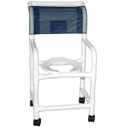 Shower chair 18" internal width, open front seat, 3" twin casters, tilted 2" lower in back, with deluxe elongated open frotn soft seat and slide out footrest, 300 lbs wt cap