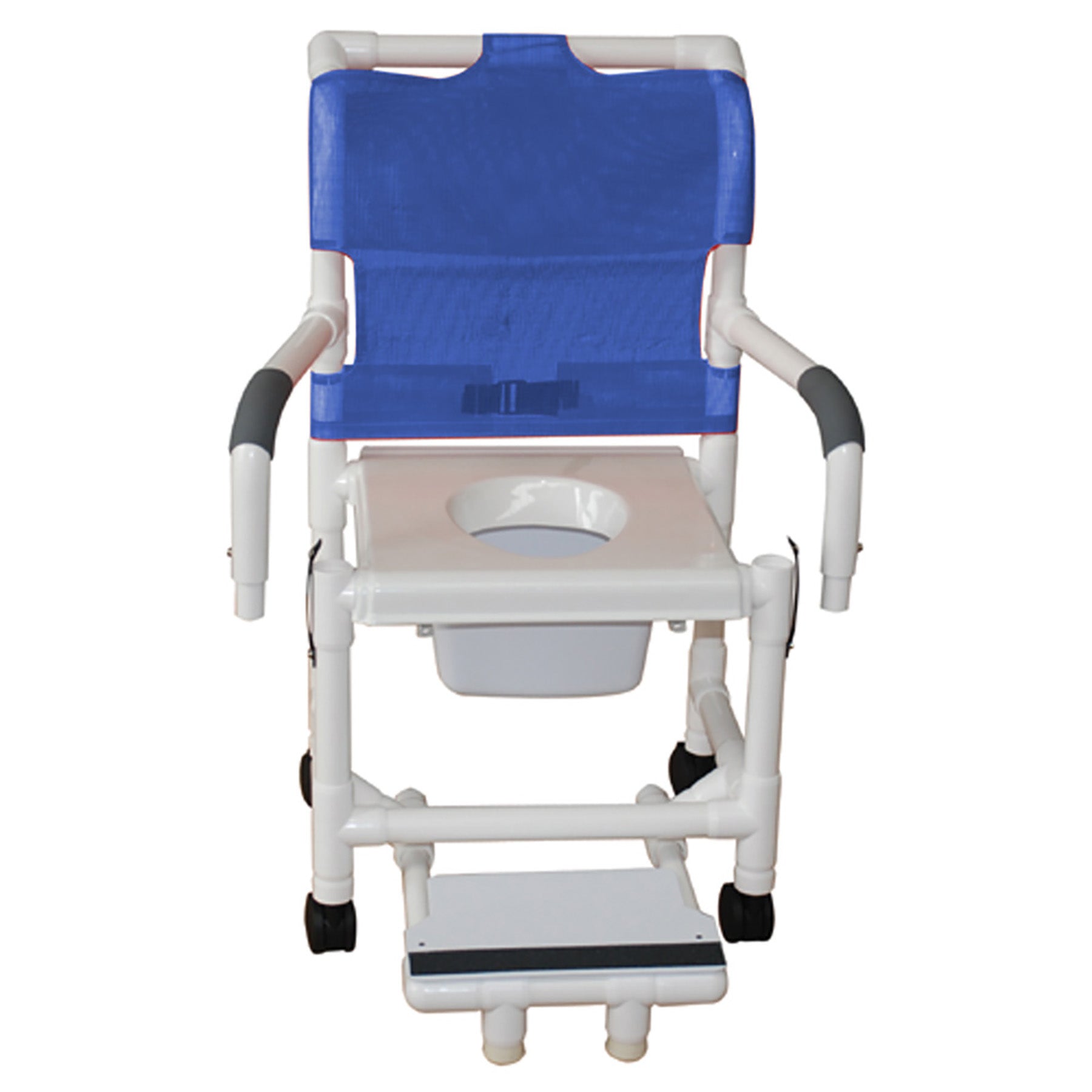 Shower chair 18" internal width, 3" twin casters w/ full support snap on seat, sliding footrest w/ front supports, double drop arm, 10 qt commde pail, 300 lbs wt cap