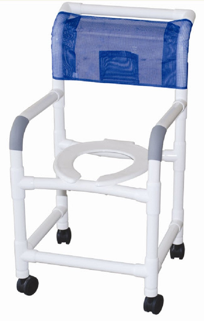 Shower chair 18" internal width, open front seat, NO CASTERS, 10 quart commode pail, 300 lbs wt cap