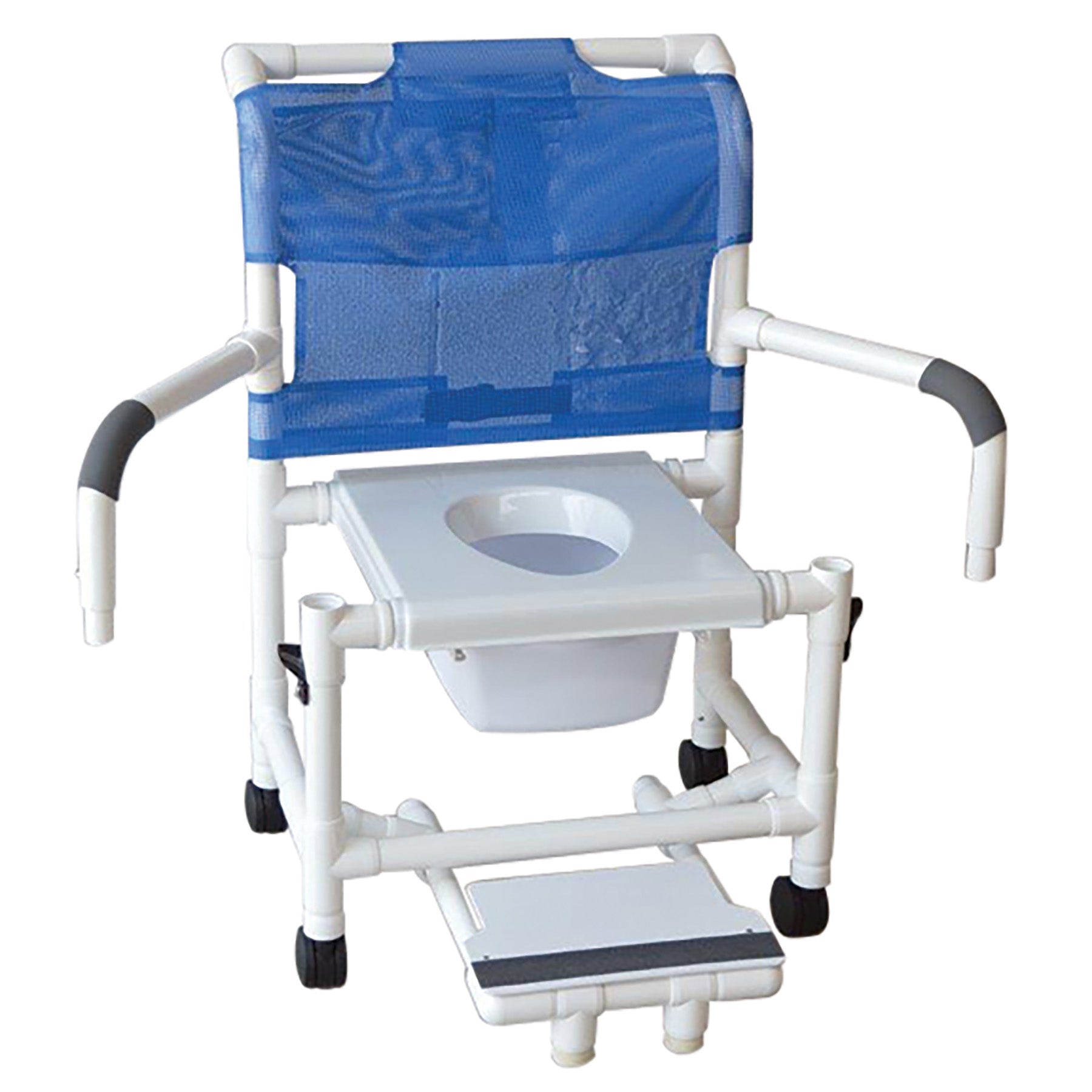 Shower chair 22" internal width, 3" twin casters w/ full support snap on seat, sliding footrest w/ front supports, double drop arm, 10 qt commde pail, 375 lbs wt cap