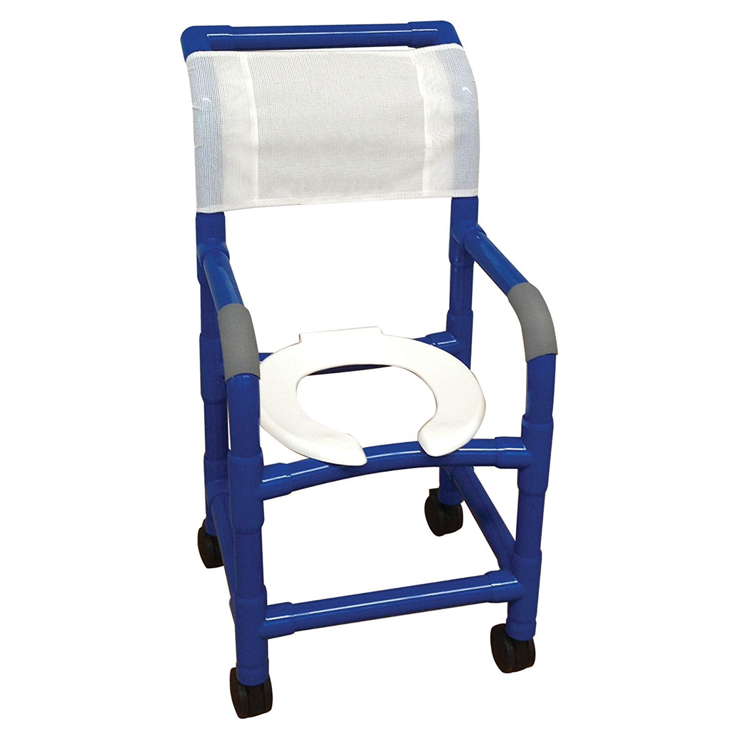 Blue shower chair 15" internal width, for small adult or pediatric needs 3" twin casters, open front seat, 250 LBS cap.