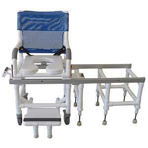 100 Series - Shower Chairs/Transfer Chairs - DELUXE ALL PURPOSE DUAL SHOWER CHAIR/TRANSFER BENCH (EXCELLENT LATERAL TRANSFER)open front soft seat, buckle safety belt, double drop arms 5" x 1 1/4" heavy duty casters, 300 lbs wt cap