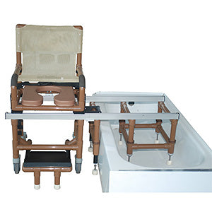 WoodTone Series - Woodtone deluxe all purpose dual shower chair / transfer bench (excellent for lateral transfer) open front soft seat, buckle safety belt, double drop arms 5" Total Lock casters, 300 lbs wt cap
