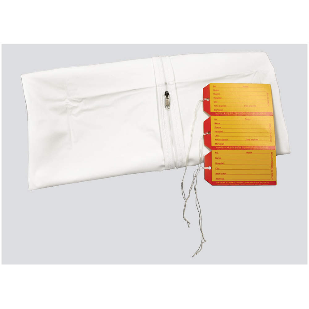 CADAVER BAG ADULT|3 I.D. TAGS STRAIGHT ZIPPER WHITE VINYL 36X90 10 PER CASE