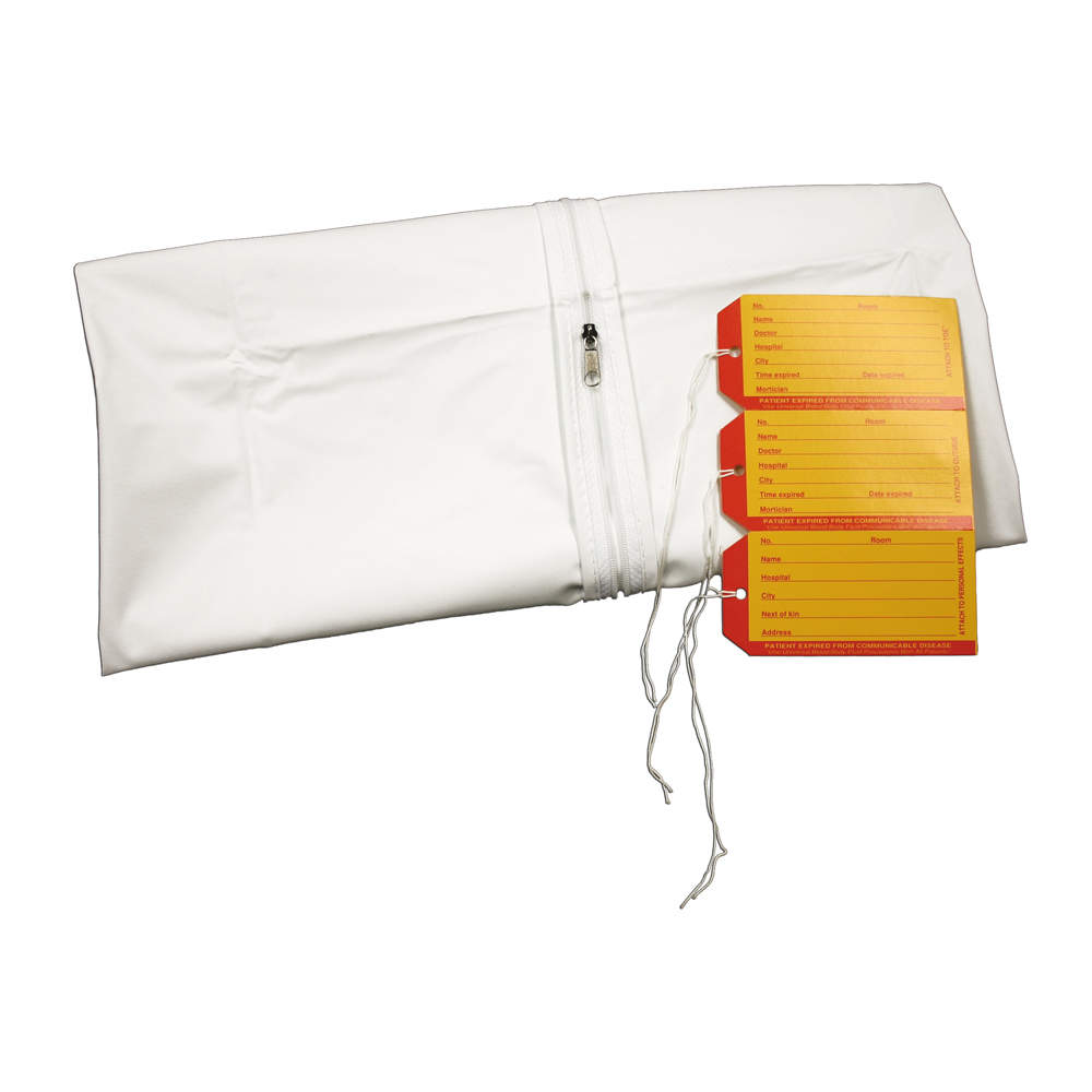 CADAVER BAG INFANT 3 I.D. TAGS STRAIGHT ZIPPER WHITE VINYL 18" X 28" - 10 PER CASE
