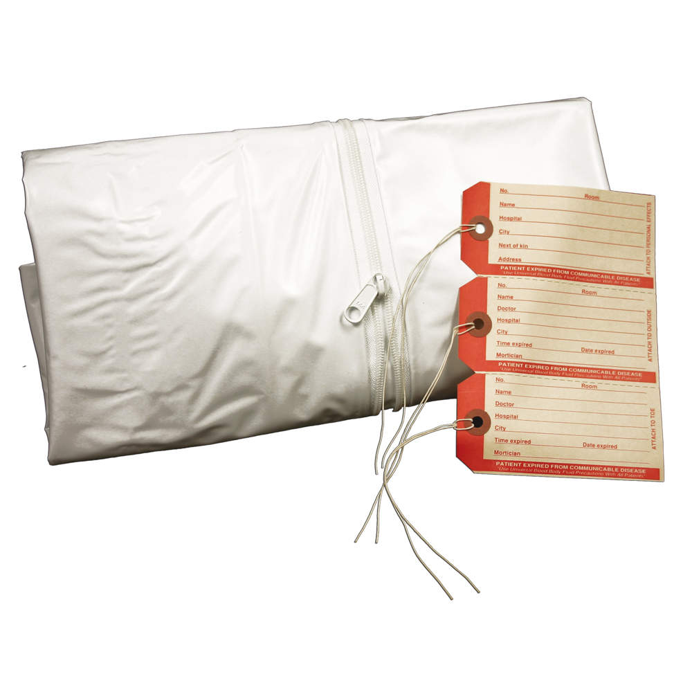 CADAVER BAG PEDIATRIC 3 I.D. TAGS STRAIGHT ZIPPER WHITE VINYL 28" X 46" - 10 PER CASE