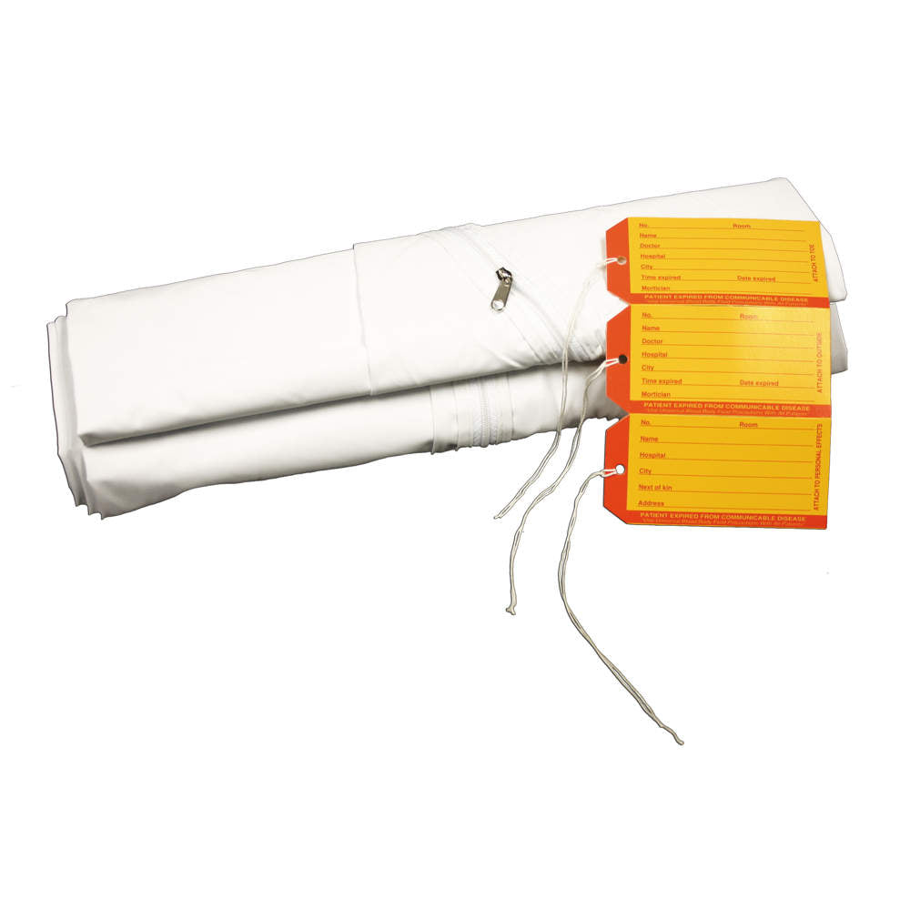 CADAVER BAG ADULT 3 I.D. TAGS CURVED ZIPPER WHITE VINYL 36" X 90" - 10 PER CASE