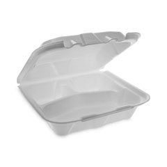 Vented Foam Hinged Lid Container, Dual Tab Lock Economy, 8.42 x 8.15 x 3, White, 150/Carton