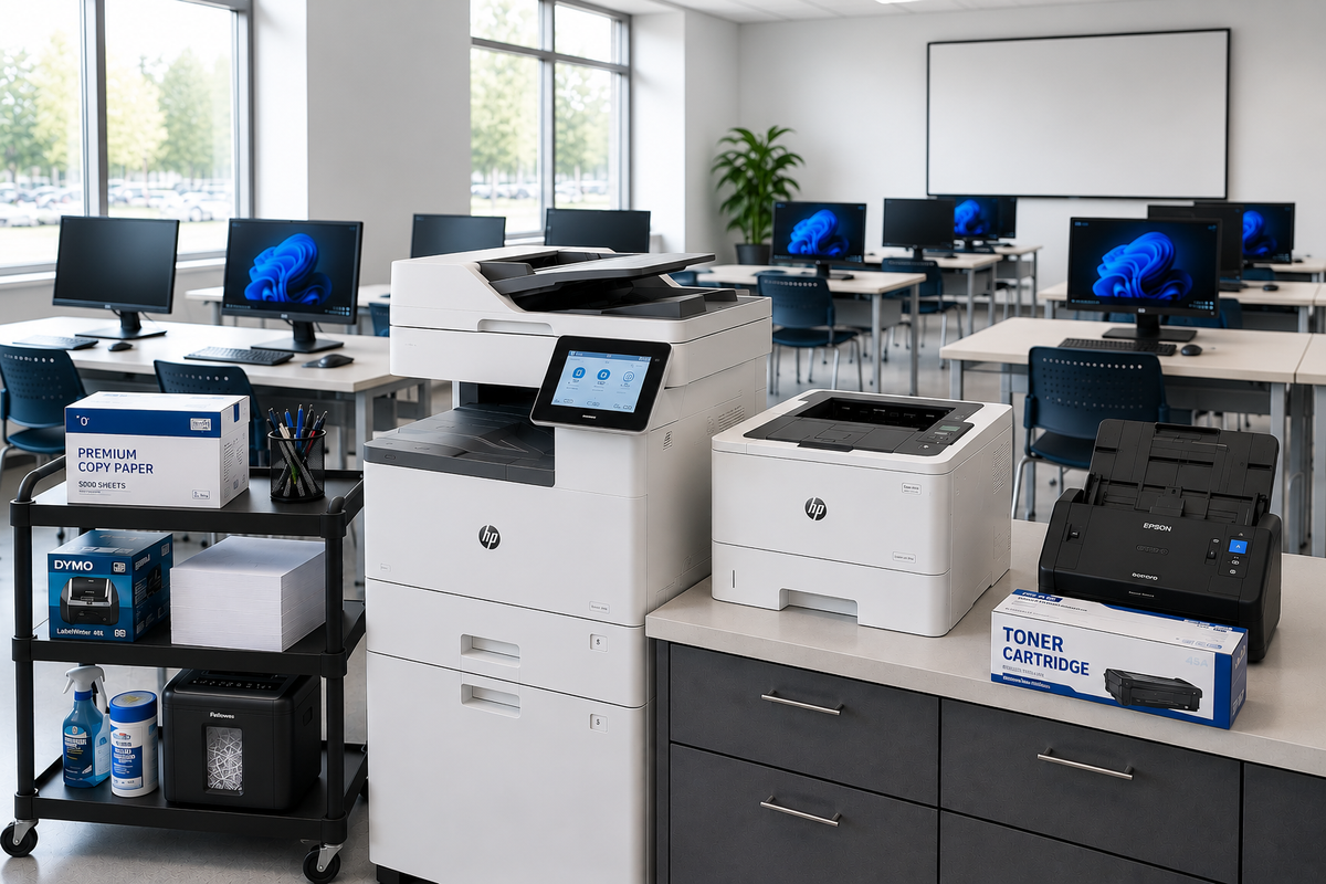 School administrator reviewing printer usage and supply costs to reduce printing expenses.