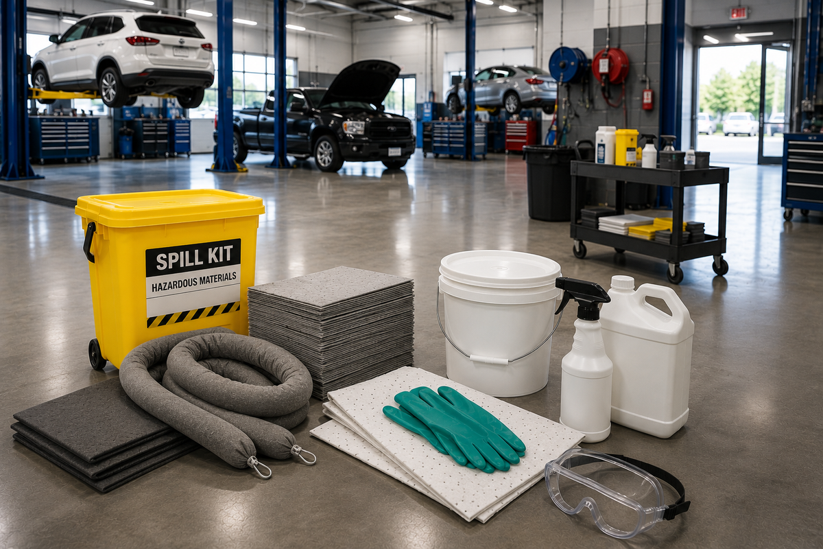 Automotive shop spill cleanup supplies including absorbents, spill kit, PPE, and degreaser on a garage floor.