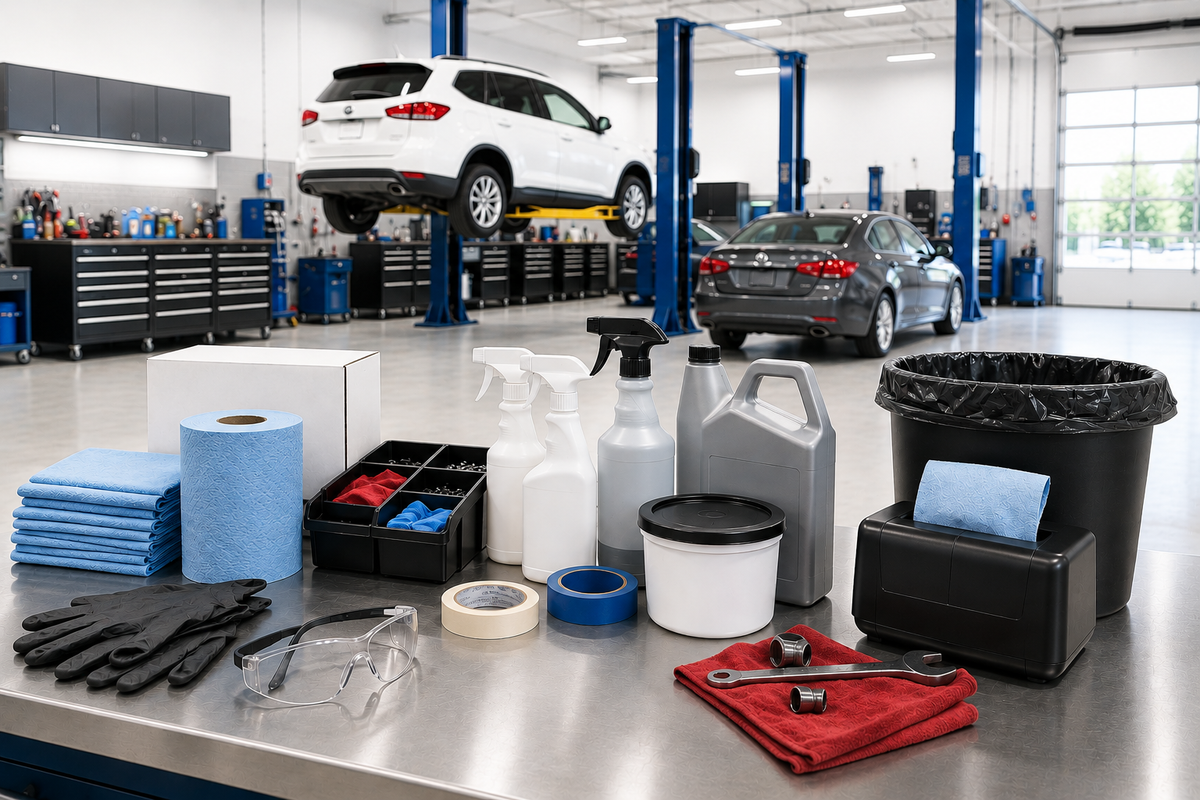 Auto dealership service department supply cart stocked with gloves, shop towels, spill kits, and cleaning supplies.