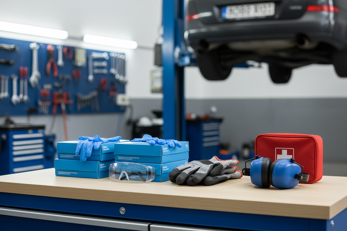 Automotive service department PPE including nitrile gloves, safety glasses, work gloves, hearing protection, and a first-aid kit