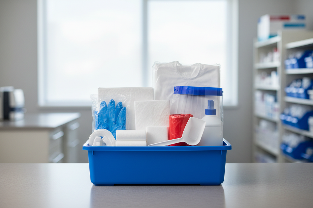 Biohazard spill cleanup kit with gloves, protective gown, face shield, absorbents, and cleanup supplies