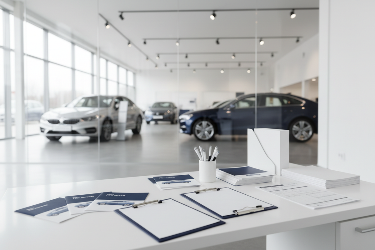 Car dealership sales office with vehicle brochures, clipboards, pens, customer paperwork, and a showroom in the background.