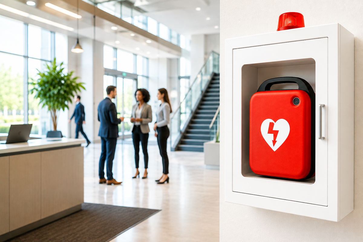 An AED that is hung on a wall in a modern office setting.