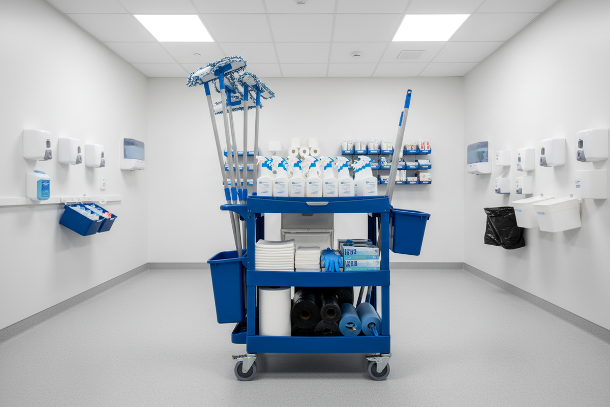 Hospital cleaning cart stocked with disinfectants, microfiber mops, gloves, paper towels, trash liners, and restroom supplies.