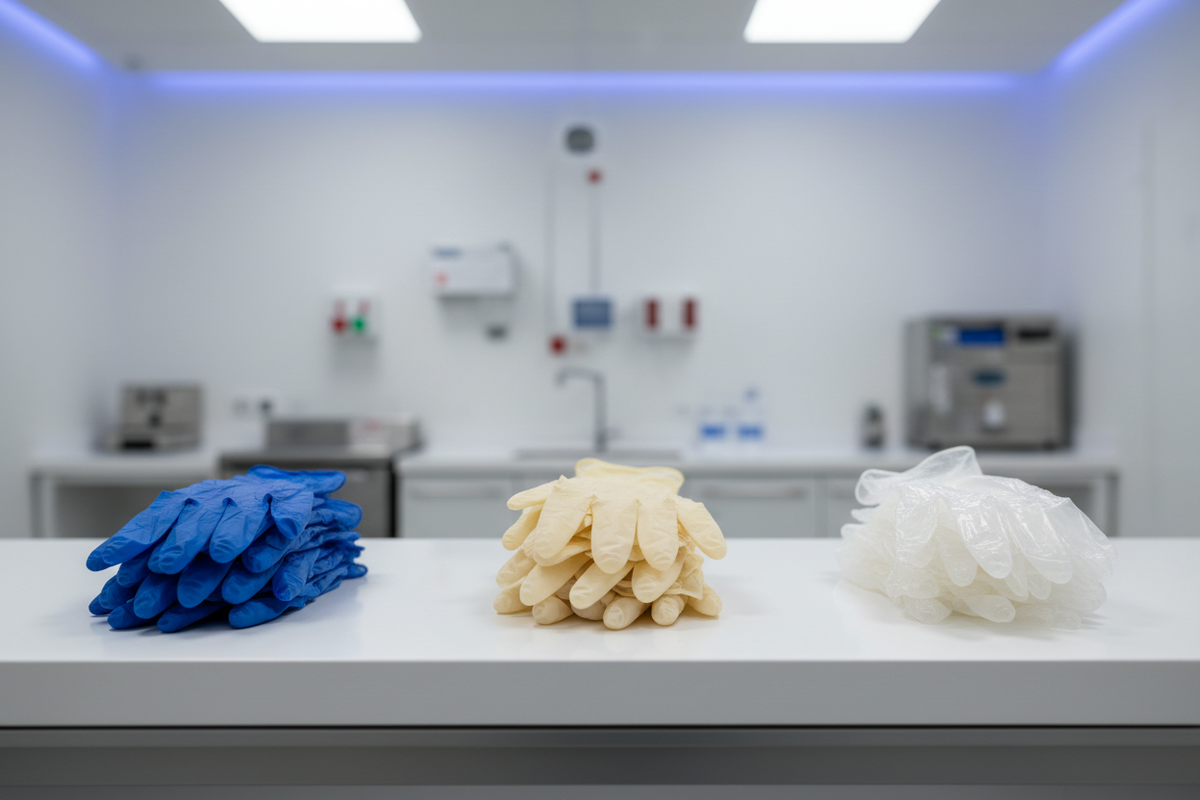 Three types of disposable medical gloves, nitrile, latex, and vinyl, arranged in a clean healthcare setting.