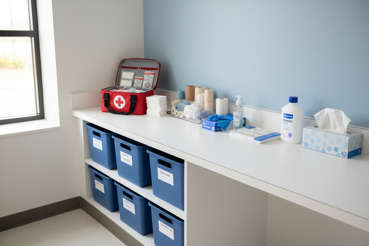 Organized school nurse’s office with first-aid supplies, gauze, gloves, sanitizer, tissues, and labeled storage bins.