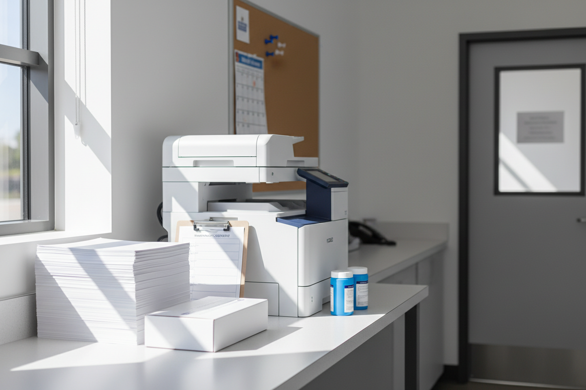 School office printer with paper, replacement ink and toner supplies, and a maintenance checklist.