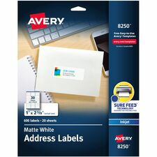 Avery&reg; Color Printing Labels 1" Width x 2 5/8" Length - Permanent Adhesive - Rectangle - Inkjet - White - Paper - Permanent Adhesive, Jam Resistant, Customizable - 30 / Sheet - 20 Total Sheets - 600 Total Label(s) - 600 / Pack