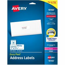 Avery&reg; Easy Peel Address Labels - Sure Feed Technology 1" Width x 2 5/8" Length - Permanent Adhesive - Rectangle - Inkjet, Laser - Matte White - Matte - Paper - Permanent Adhesive, Peel & Stick, Smudge-free, Stick & Stay, Jam Resistant - 30 / Sheet -