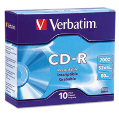 CD-R Recordable Disc, 700 MB/80 min, 52x, Slim Jewel Case, Silver, 10/Pack