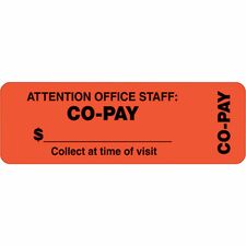 Tabbies CO-PAY Wrap Labels Collect at Time of Visit, Attention Office Staff: Co-Pay - 3" Width x 1" Length - Rectangle - Fluorescent Red Orange - 500 / Roll - 500 / Roll