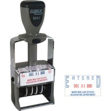 Xstamper ClassiX Self-inking Date Stamp Custom Message/Date Stamp - 1.25" Impression Width x 2" Impression Length - Red, Blue - Metal - 1 Each