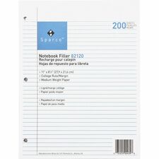 Sparco Notebook Filler Paper - Letter 200 Sheets - Ruled Red Margin - 16 lb Basis Weight - Letter - 8 1/2" x 11" Sheet Size - White Paper - Subject - 200 / Pack