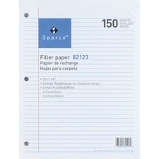 Sparco 3-hole Punched Filler Paper 150 Sheets - College Ruled Front Ruling - Ruled Red Margin - 16 lb Basis Weight - 8" x 10 1/2" Sheet Size - White Paper - Bleed-free - 150 / Pack