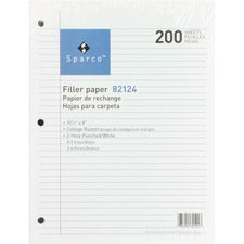 Sparco 3-hole Punched Filler Paper 200 Sheets - College Ruled Front Ruling - Ruled Red Margin - 16 lb Basis Weight - 8" x 10 1/2" Sheet Size - White Paper - Bleed-free - 200 / Pack