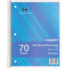 Sparco Quality 3HP Notebook 1 Subject(s) - 70 Sheets - Wire Bound - Wide Ruled Front Ruling - Unruled Margin - 16 lb Basis Weight - 8" x 10 1/2" Sheet Size - Bright White Paper - Assorted Chipboard Cover - Bleed Resistant, Stiff-cover - 1 Each