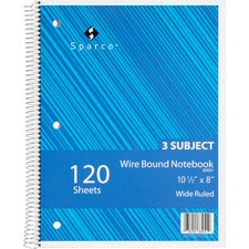 Sparco Quality 3HP Notebook 3 Subject(s) - 120 Sheets - Wire Bound - Wide Ruled Front Ruling - Unruled Margin - 16 lb Basis Weight - 8" x 10 1/2" Sheet Size - Bright White Paper - Assorted Chipboard Cover - Bleed Resistant, Stiff-cover - 1 Each