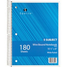 Sparco Quality 3HP Notebook 5 Subject(s) - 180 Sheets - Wire Bound - Wide Ruled Front Ruling - Unruled Margin - 16 lb Basis Weight - 8" x 10 1/2" Sheet Size - Bright White Paper - Assorted Chipboard Cover - Bleed Resistant, Stiff-cover - 1 Each