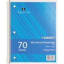 Sparco Wirebound Notebook 70 Sheets - Wire Bound - College Ruled Front Ruling - Unruled Margin - 16 lb Basis Weight - 8" x 10 1/2" Sheet Size - Assorted Paper - Assorted Chipboard Cover - Subject, Stiff-cover, Stiff-back, Perforated, Hole-punched - 1 Each