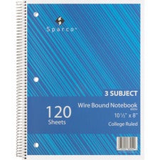 Sparco Wirebound College Ruled Notebooks 120 Sheets - Wire Bound - College Ruled Front Ruling - Unruled Margin - 16 lb Basis Weight - 8" x 10 1/2" Sheet Size - White Paper - Assorted Chipboard Cover - Resist Bleed-through, Subject, Stiff-cover, Stiff-back