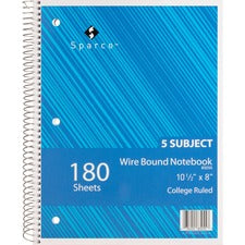 Sparco Wirebound College Ruled Notebooks 180 Sheets - Wire Bound - College Ruled Front Ruling - Unruled Margin - 8" x 10 1/2" Sheet Size - Assorted Paper - Assorted Chipboard Cover - Resist Bleed-through, Subject, Stiff-back, Stiff-cover - 1 Each