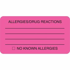 Tabbies ALLERY/DRUG REACTIONS Alert Labels 3 1/4" Width x 1 3/4" Length - Pink - 250 / Roll