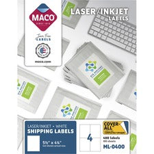 Maco White Shipping Labels 5 1/2" Width x 4 1/4" Length - Rectangle - Laser, Inkjet - White - Lignin-free - 4 / Sheet - 400 / Box