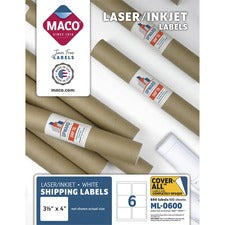Maco Laser Printer White Shipping Labels 3 21/64" Width x 4" Length - Rectangle - Laser, Inkjet - White - Lignin-free - 6 / Sheet - 600 / Box