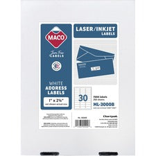 Maco Multipurpose Self-Adhesive Mailing Labels 1" Width x 2 5/8" Length - Permanent Adhesive - Rectangle - Laser, Inkjet - White - Lignin-free - 30 / Sheet - 7500 / Box