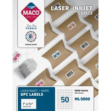 Maco White UPC Labels 1" Width x 1 1/2" Length - Permanent Adhesive - Rectangle - Laser, Inkjet - White - Lignin-free - 50 / Sheet - 5000 / Box