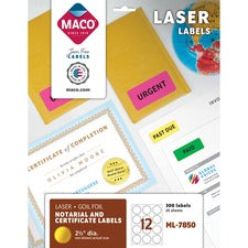 Maco Round Gold Foil Laser Labels Round - 2.50" Diameter - Self-adhesive, Permanent - Gold - 300 / Pack