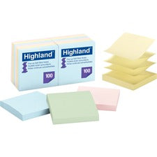 Highland Self-sticking Pastel Pop-up Notepads 1200 - 3" Flag/Note Width x 3" Flag/Note Length - Square - 100 Sheets per Pad - Unruled - Assorted Pastel - Paper - Pop-up, Self-adhesive, Repositionable, Removable - 12 / Pack