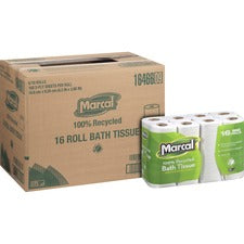 Marcal 100% Recycled Soft/Strong Bath Tissue 2 Ply - 4.20" Width x 3.60" Length - 168 Sheets/Roll - White - 16 Rolls Per Pack - 16/Pack - 96 / Carton