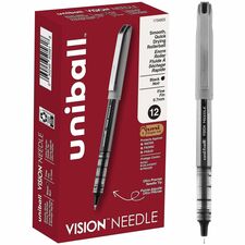 uniball&#8482; Vision Needle Rollerball Pens 0.7 mm Fine Pen Point - Black Ink - Liquid - Silver Barrel - 1 Dozen