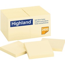 Highland Self-Sticking Notepads 2400 - 3" Flag/Note Width x 3" Flag/Note Length - Square - 100 Sheets per Pad - Unruled - Yellow - Paper - Removable - 24 / Pack