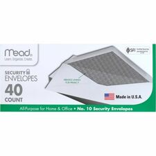 Mead No. 10 Security Envelopes Business - #10 - 9 1/2" Width x 4 1/8" Length - 20 lb - Gummed - White - Wove - 40 / Box